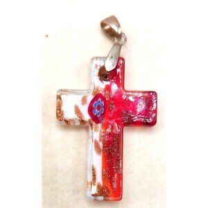 Murano Glass Orange, Red, White Cross With Pendant Bail